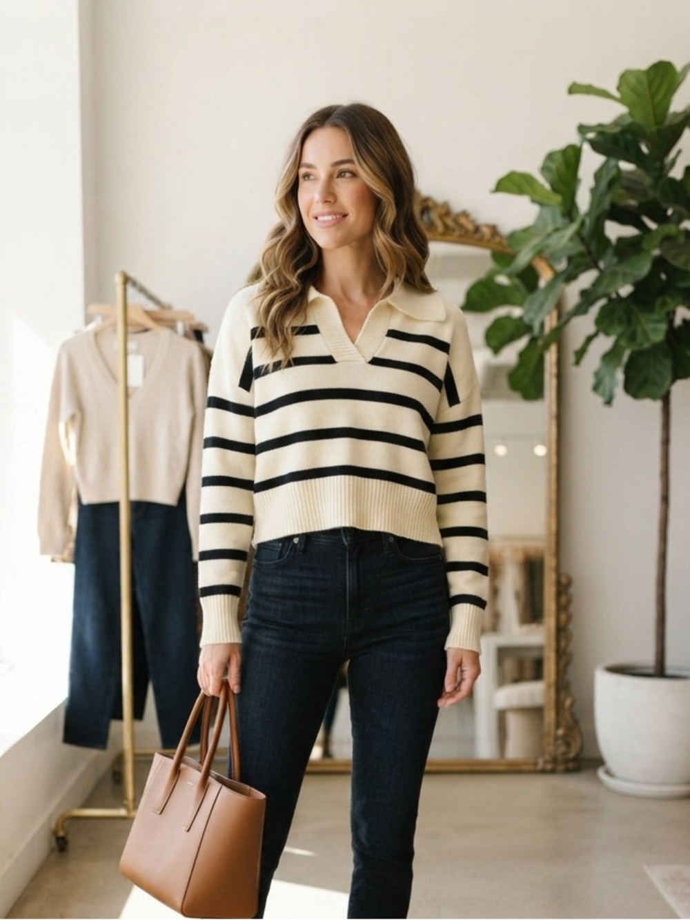 Cream and Black Striped V-Neck Pullover